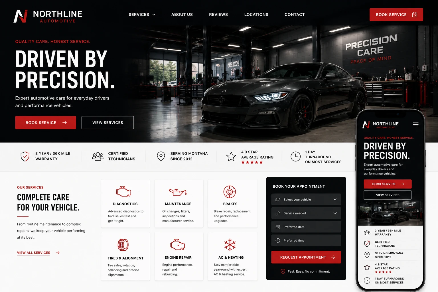 Automotive website design study by Yatu Studios, showing Northline Automotive service information, trust indicators, appointment booking, and responsive mobile design.