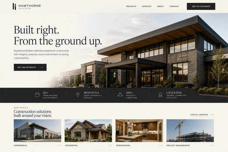 Cropped Hawthorne Builders construction website design study preview by Yatu Studios.