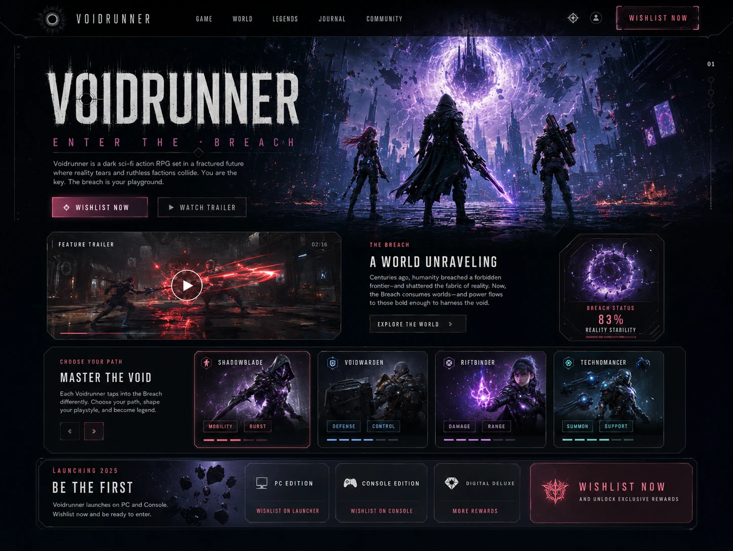 Gaming website design study by Yatu Studios, showing a dark cinematic science-fiction Voidrunner homepage with gameplay, world-building, characters, and platform actions.
